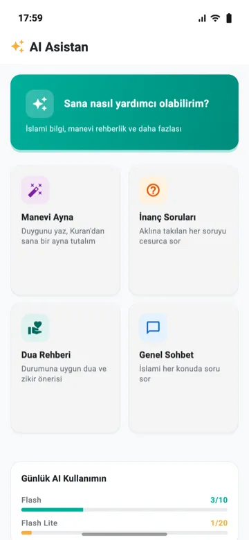 Yapay zekâ yardımcıları ekranı: Manevi Ayna, İnanç Soruları, Dua Rehberi ve Sohbet