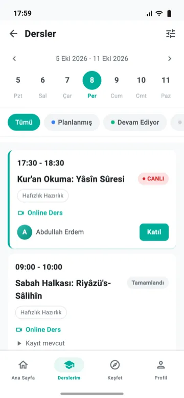 Dersler ekranı: haftalık takvim, canlı ders kartı ve Katıl düğmesi