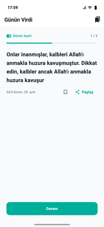 Günün Virdi ekranı: günün ayeti ve meali