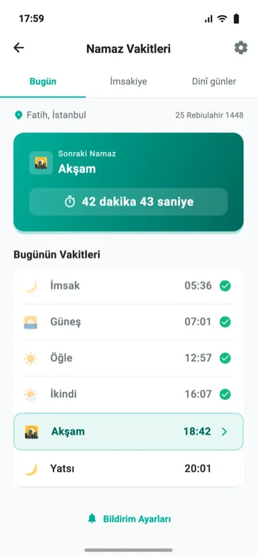 Namaz vakitleri ekranı: sonraki vakte kalan süre ve günün vakitleri