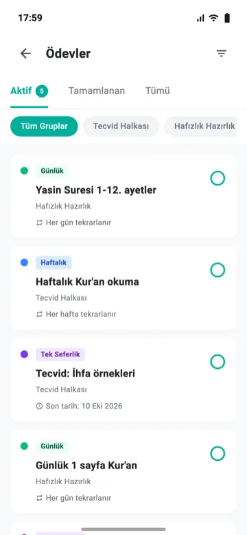 Ödevler ekranı: günlük, haftalık ve tek seferlik ödevler